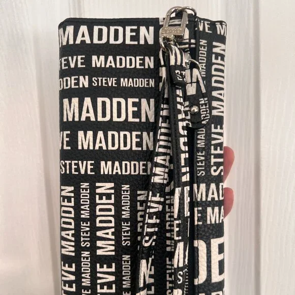 Steve Madden Black & White Logo Wristlet Wallet Crossbody Bag w/ Metal Bar - Picture 4 of 8